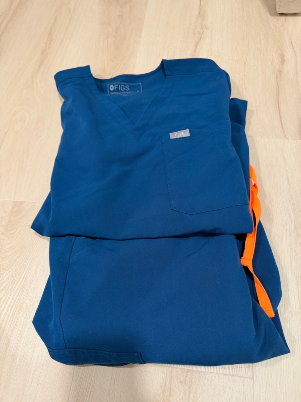 Figs Deep Blue Scrub Set with Bright Orange Drawstring